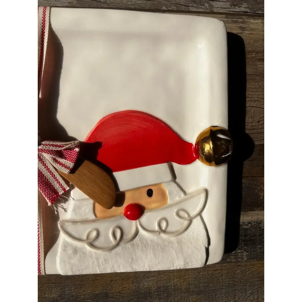 MUD PIE Santa Christmas Appetizer Plate Set Wood Spreader Holiday Cheese Tray
